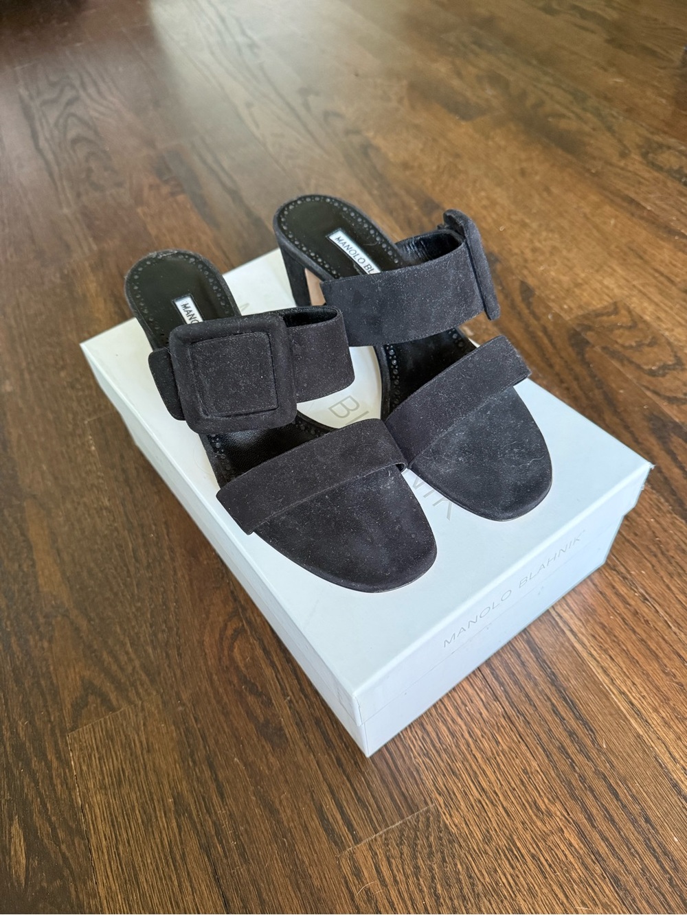 NIB Manolo Blahnik Black Suede Tituba 50 Sandals, size 39 / 9 US